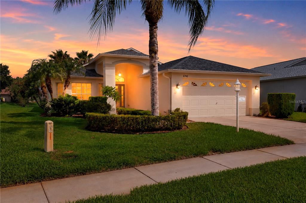 A single-story house with a two-car garage, a palm tree, and a manicured lawn — 1741 ARBOR KNOLL LOOP, TRINITY, FL