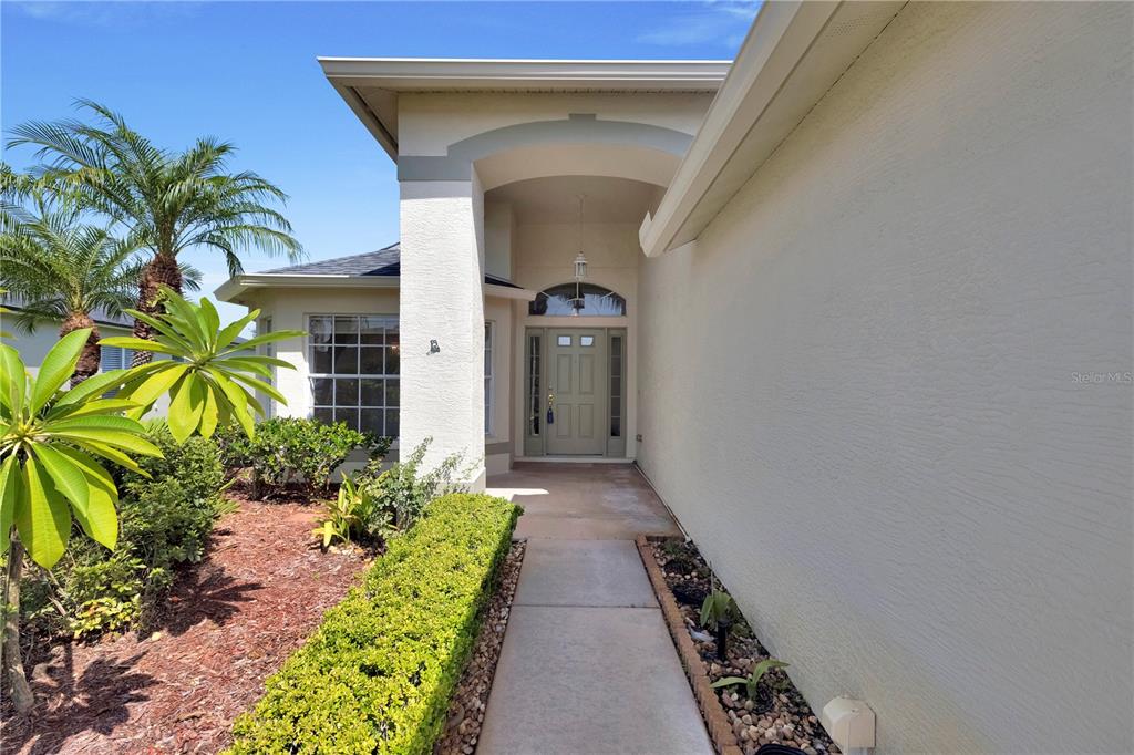A concrete walkway leads to the front entrance of a house with beige stucco walls — 1741 ARBOR KNOLL LOOP, TRINITY, FL