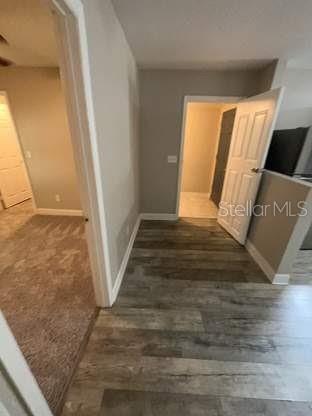 A hallway with wood-look flooring leads to an open doorway and a carpeted room — 225 1ST STREET, WINTER GARDEN, FL