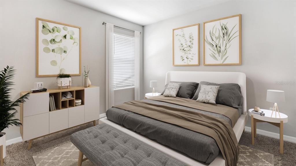 This bedroom features a bed with a white headboard, a dresser, and botanical wall art — 9608 TURTLE GRASS CIRCLE, PUNTA GORDA, FL
