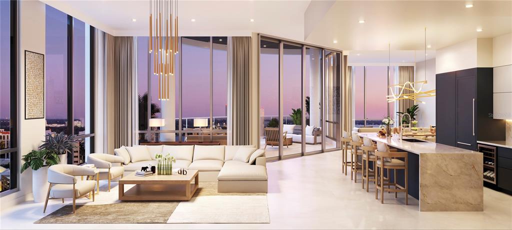 This rendering shows a modern open-concept living room and kitchen with floor-to-ceiling windows — 290 COCOANUT AVENUE UNIT 703, SARASOTA, FL