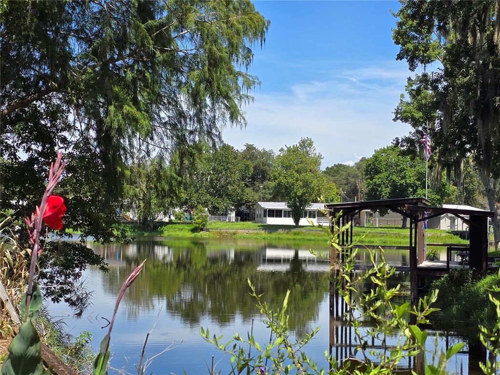 A view of a calm pond with a wooden dock and a house in the background — 10292 E PIKE DRIVE, INVERNESS, FL