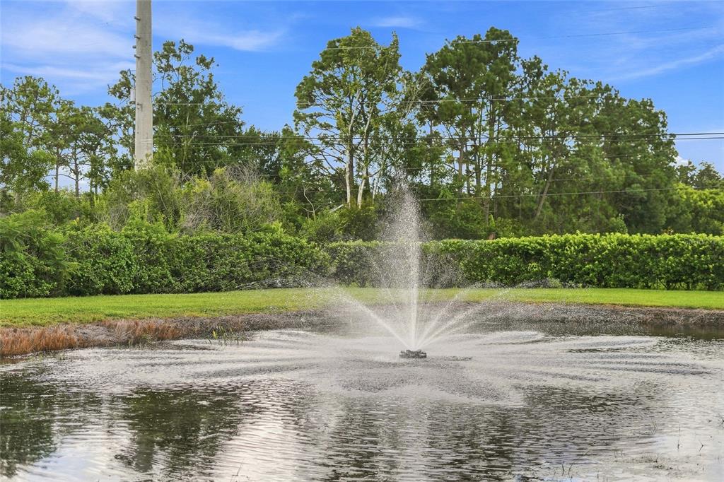 A water fountain sprays in the center of a pond surrounded by grass and trees — 4441 DEER RUN ROAD, ST CLOUD, FL