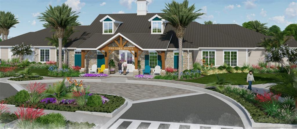 This is a rendering of a community clubhouse exterior with a stone facade and palm trees — 226 DAY DREAM DRIVE, ST AUGUSTINE, FL