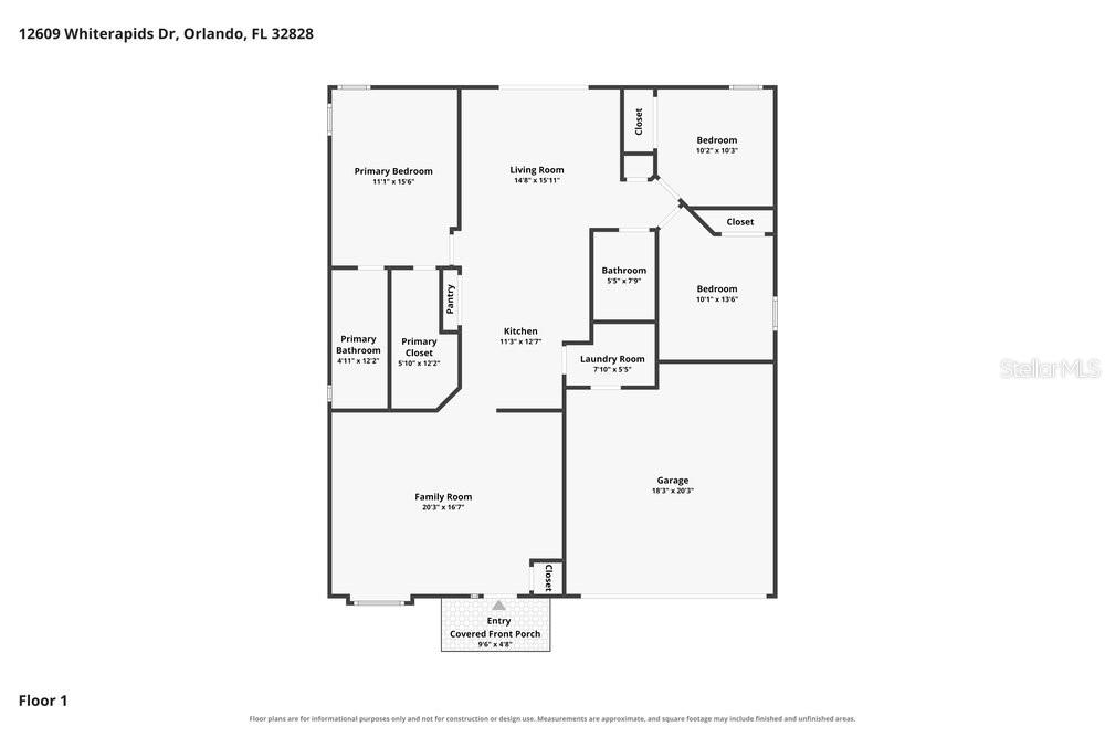 This is a floor plan showing the layout of a single-story residential home — 12609 WHITERAPIDS DRIVE, ORLANDO, FL