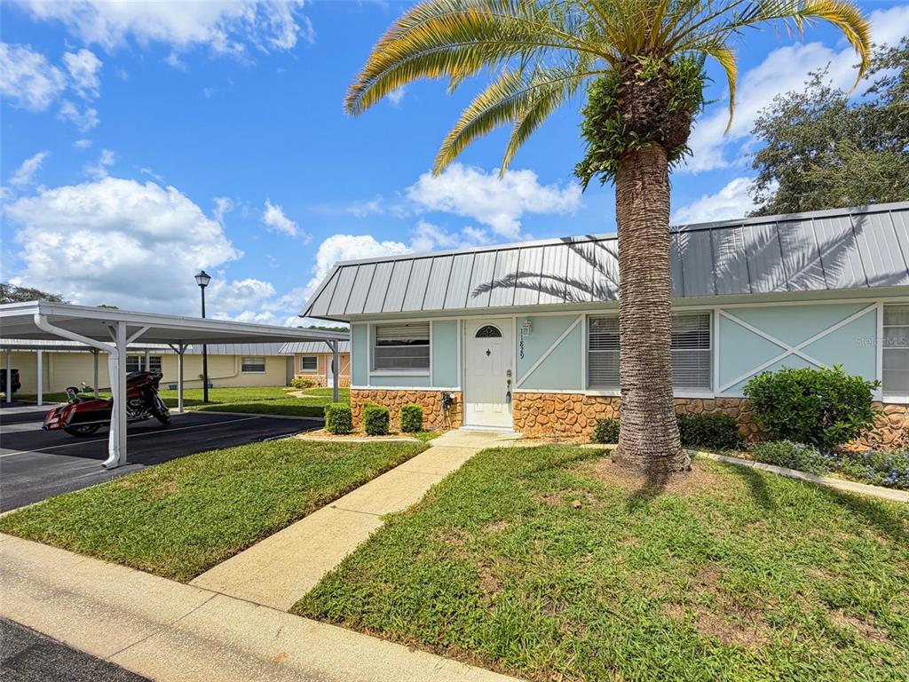 A single-story house with a metal roof, stone facade, and a palm tree in front — 11829 CARISSA LANE, NEW PORT RICHEY, FL