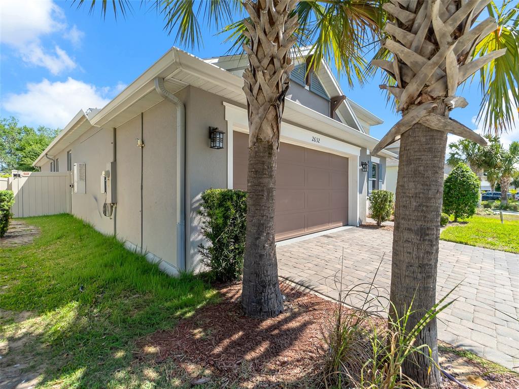 A side view of a house exterior featuring a garage, palm trees, and paved driveway — 2632 PINNACLE LANE, CLERMONT, FL