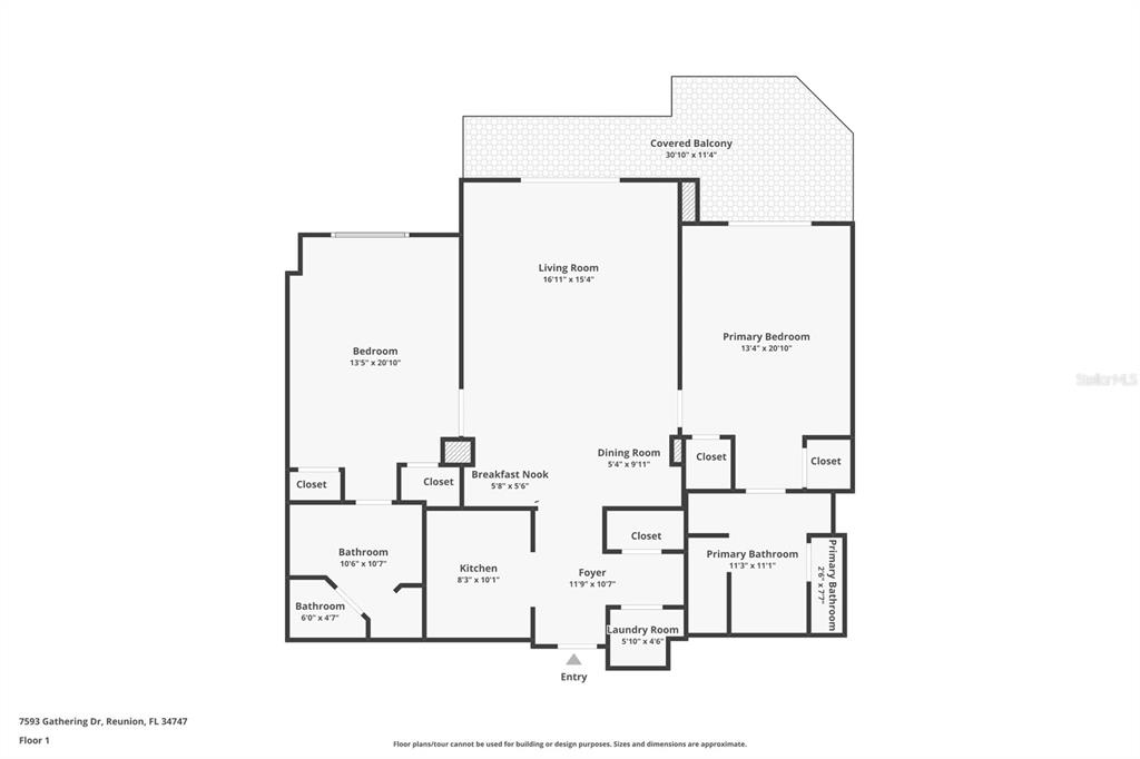 This is a floor plan for a residential unit featuring two bedrooms and a balcony — 7593 GATHERING DRIVE UNIT 401, REUNION, FL