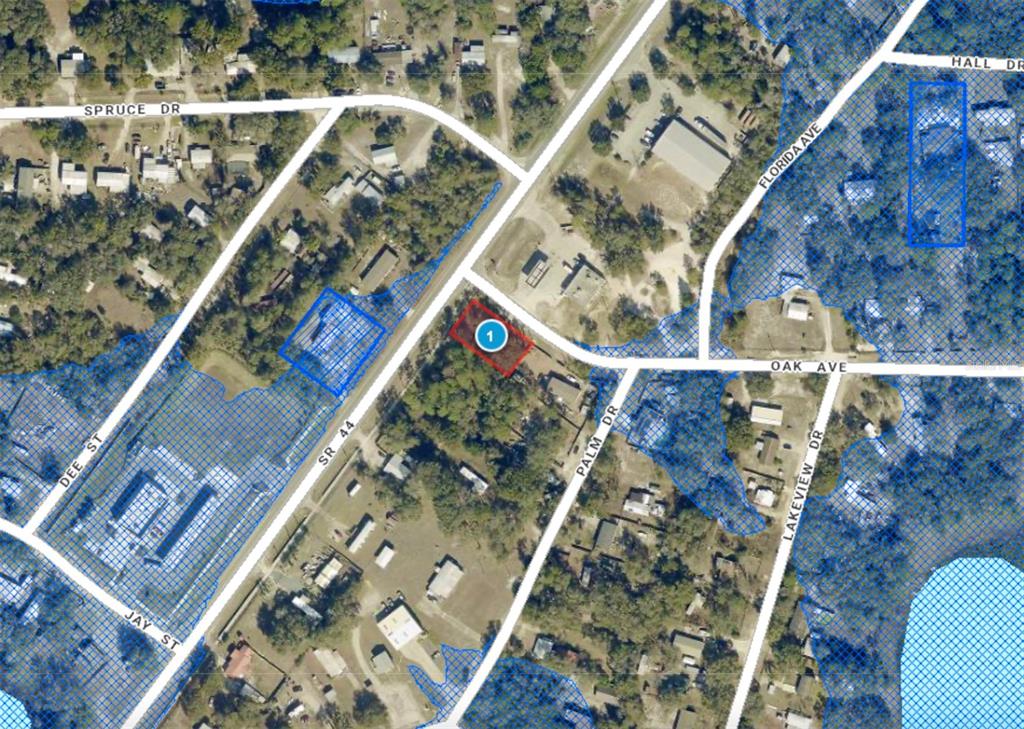 This is an aerial map showing a highlighted property lot near a road intersection — LOT 14 STATE ROAD 44, EUSTIS, FL