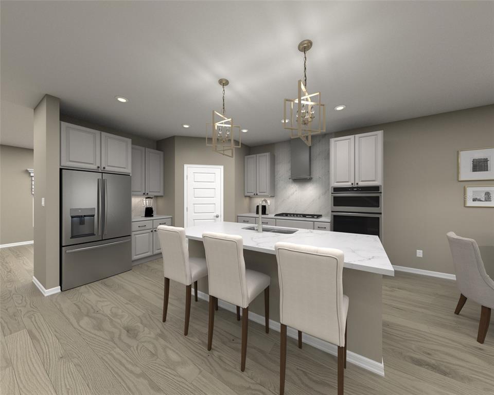 This is a digital rendering of a modern kitchen featuring a central island and cabinetry — 117 SHADY EDGE LOOP, NOKOMIS, FL