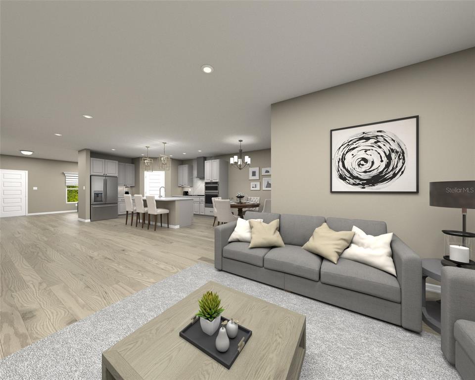 This is a digital rendering of an open-concept living room and kitchen with light flooring — 117 SHADY EDGE LOOP, NOKOMIS, FL