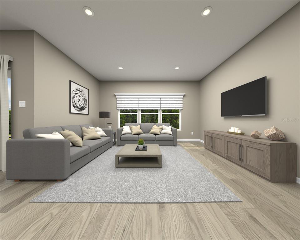 This is a digital rendering of a living room with gray furniture and wood flooring — 117 SHADY EDGE LOOP, NOKOMIS, FL