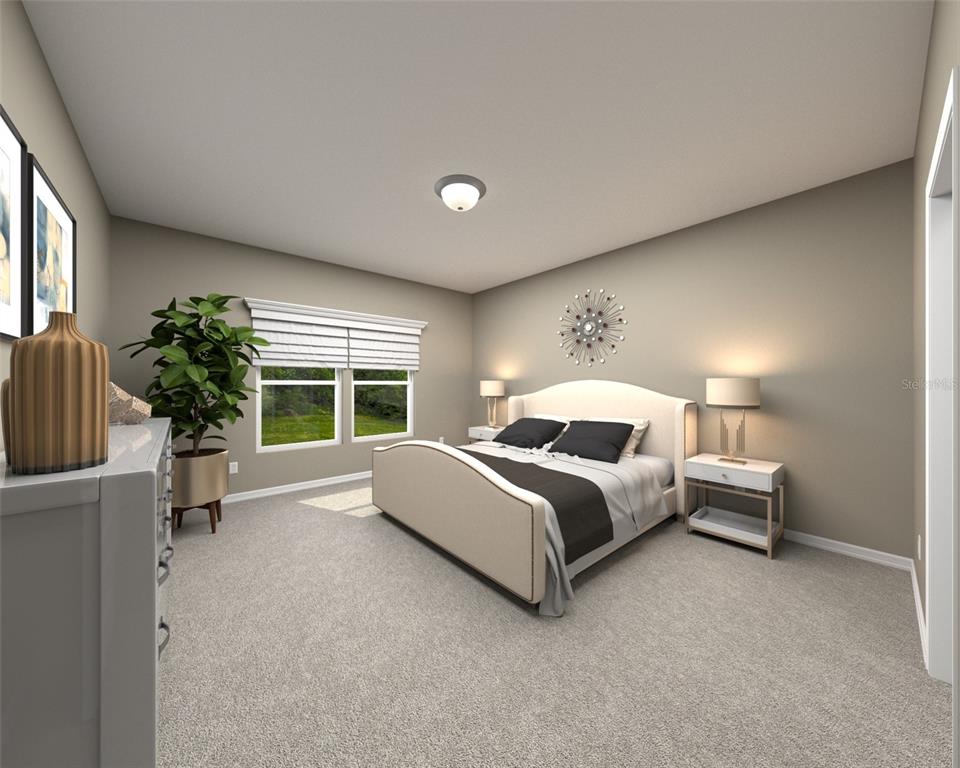 This is a digital rendering of a bedroom with a bed, nightstands, and a plant — 117 SHADY EDGE LOOP, NOKOMIS, FL
