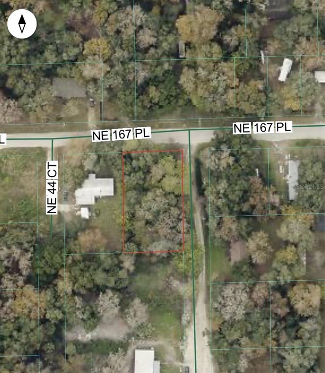 This is an aerial map showing a vacant, wooded lot outlined in red — NE 167TH PLACE, CITRA, FL