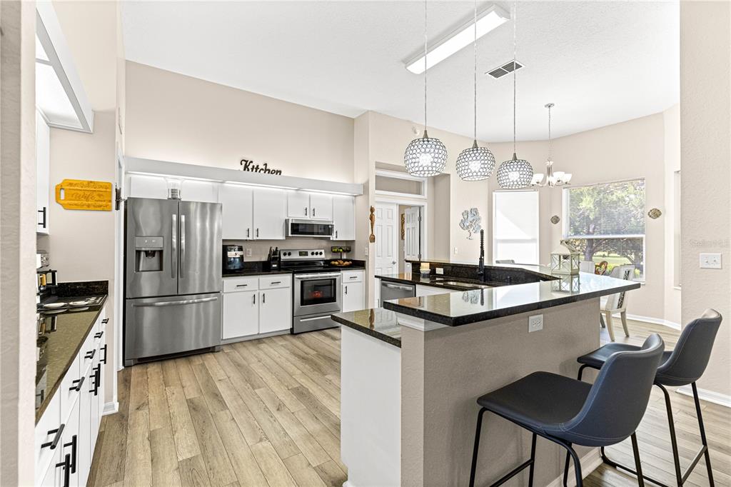 A kitchen features stainless steel appliances, dark granite countertops, and a breakfast bar with stools — 6744 SW 113TH PLACE, OCALA, FL