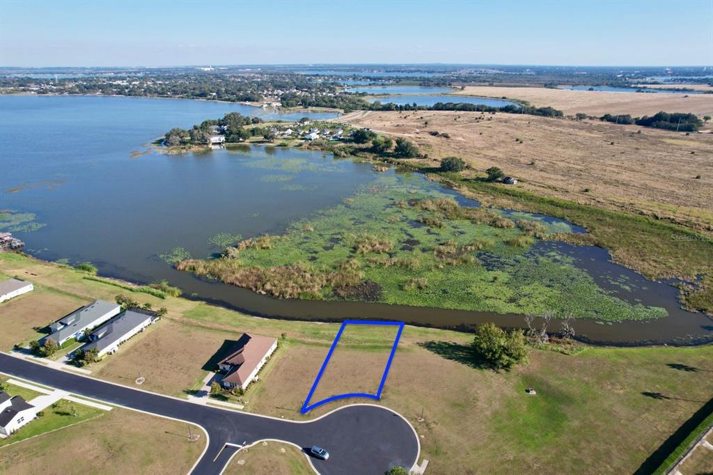 An aerial view shows a vacant residential lot outlined in blue bordering a lake — 116 N CALADIUM AVENUE, LAKE ALFRED, FL