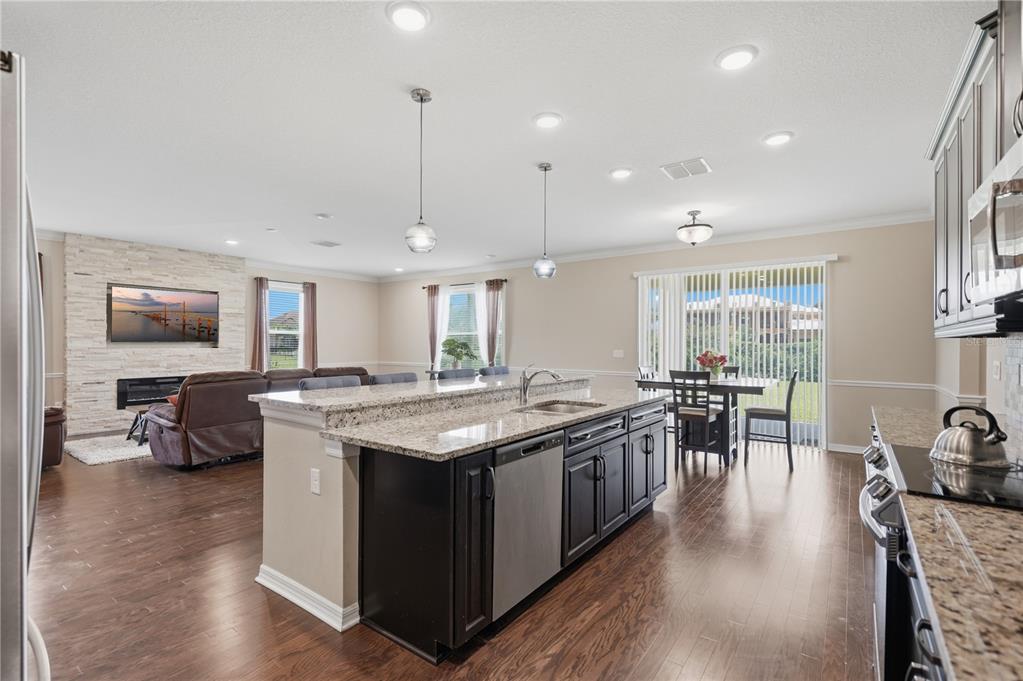 An open-concept kitchen with dark cabinets and granite countertops overlooks a living room and dining area — 9307 PARISIAN COURT, SEFFNER, FL