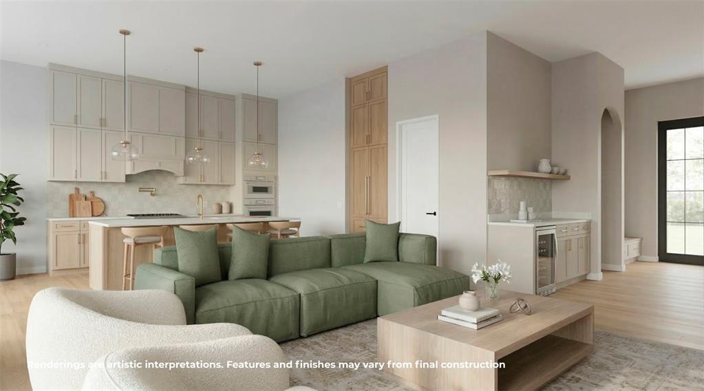 This rendering shows an open-concept kitchen and living area with light wood cabinetry and furniture — 808 W HARVARD STREET, ORLANDO, FL