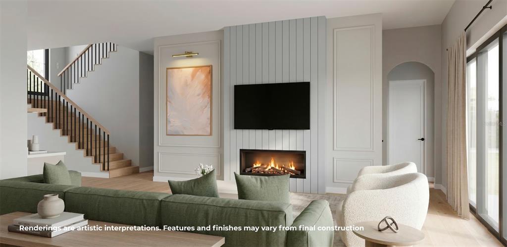 This rendering shows a modern living room with a paneled accent wall and a staircase — 808 W HARVARD STREET, ORLANDO, FL