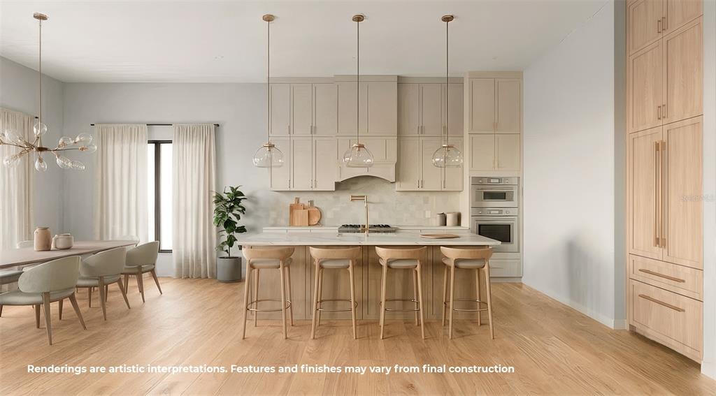 This rendering shows a modern kitchen with light wood flooring, beige cabinetry, and a central island — 808 W HARVARD STREET, ORLANDO, FL
