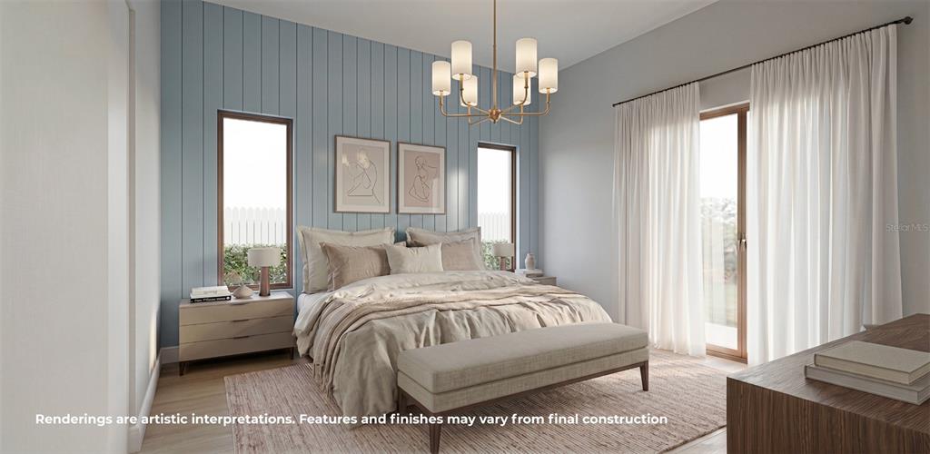 This is a rendering of a bedroom featuring a bed, bench, and floor-to-ceiling curtains — 808 W HARVARD STREET, ORLANDO, FL