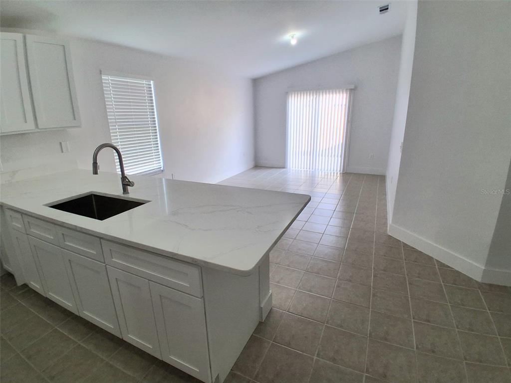 A kitchen island with a sink and white cabinets overlooks an open-concept living area — 1047 FLORIDA HOLLY DRIVE, ORLANDO, FL