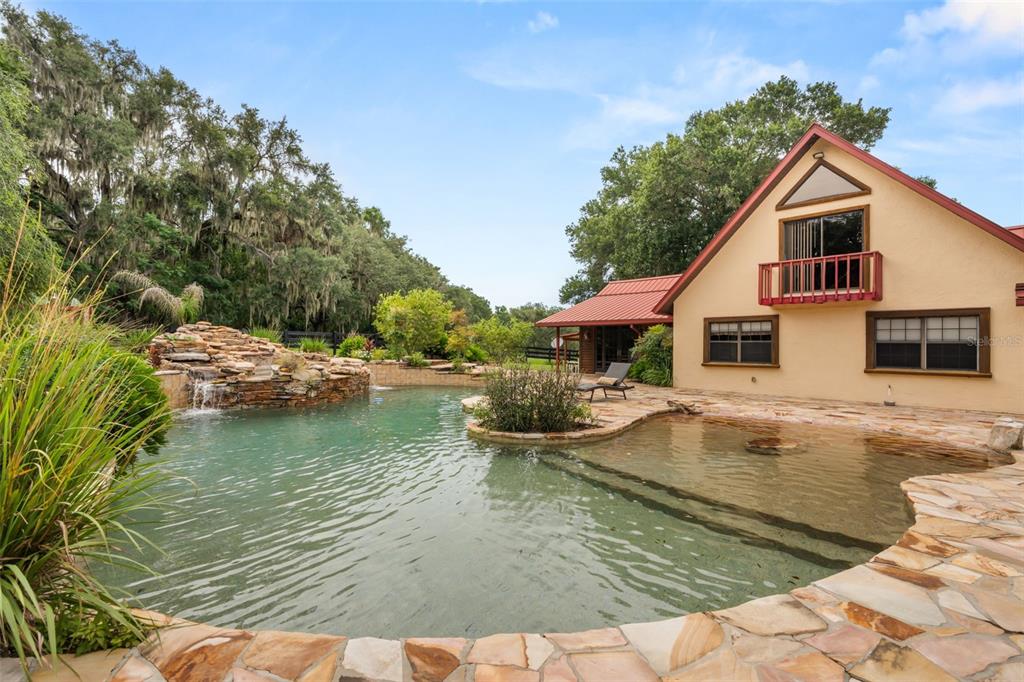 A house with a red metal roof sits beside a large stone-lined swimming pool — 35841 TIMBERTOP LANE, FRUITLAND PARK, FL