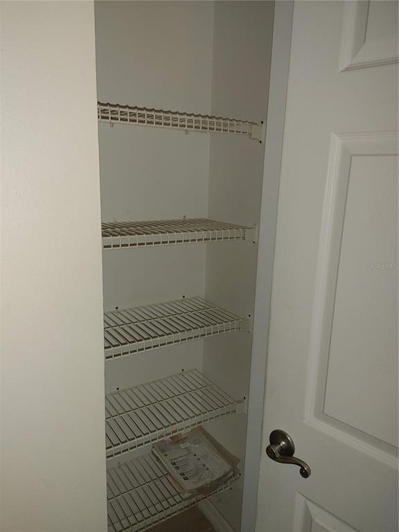 A narrow pantry closet features white wire shelving and a white door with a handle — 215 LAKE BROOK CIRCLE UNIT 201, BRANDON, FL