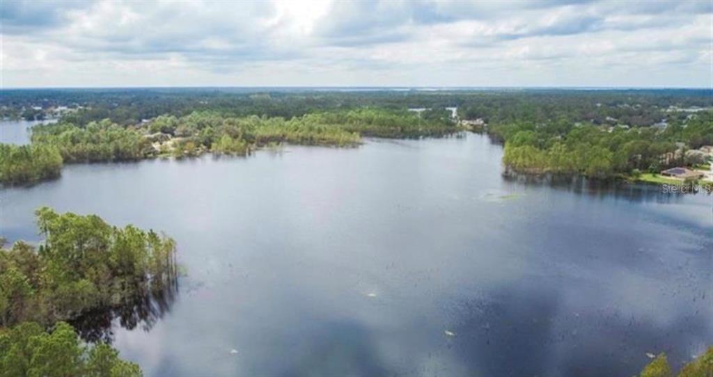 An aerial view of a large lake surrounded by dense green trees under a cloudy sky — 548 GLEN HAVEN DRIVE, DELTONA, FL