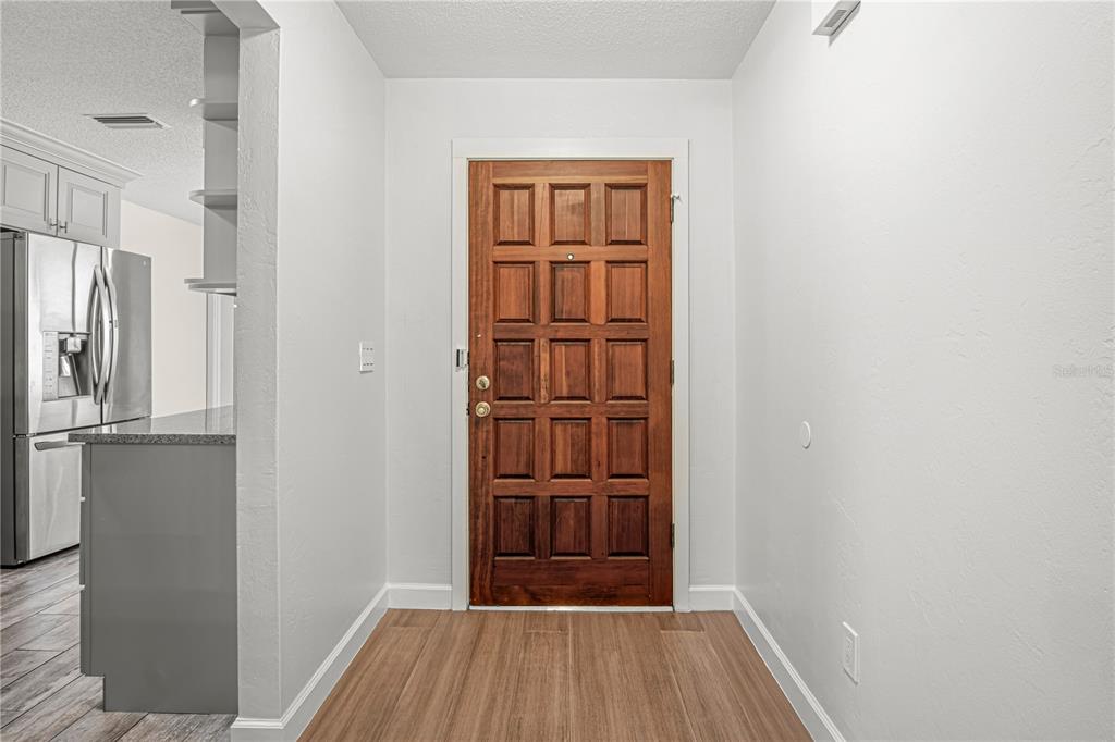 An entryway features a wood-paneled door, light-colored walls, and wood-look flooring — 138 FOX FIRE CIRCLE, DAYTONA BEACH, FL
