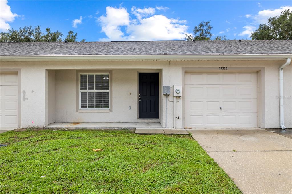 A single-story residential building exterior features a dark front door, a window, and a garage — 37228 GRASSY HILL LANE, DADE CITY, FL