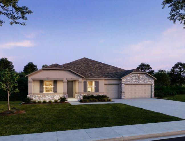 A digital rendering of a single-story suburban house with a stone facade and attached garage — 12942 STILLWATER COVE DRIVE, ASTATULA, FL