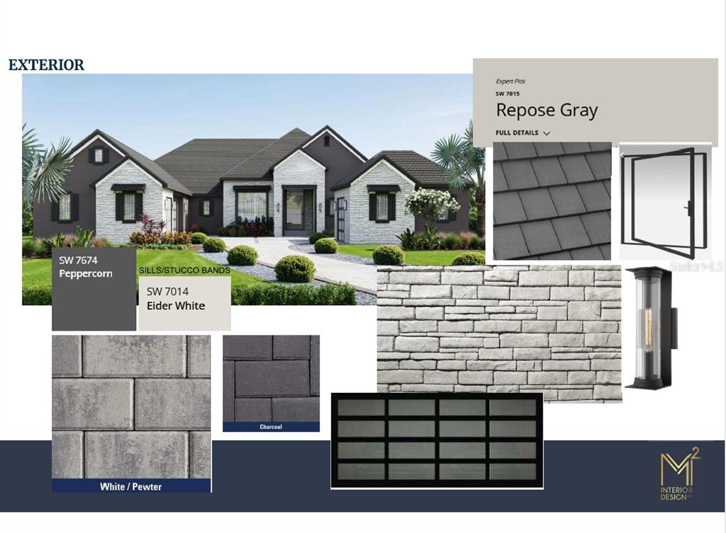 This exterior rendering shows a modern home with dark gray walls, stone accents, and pavers — 15353 PENDIO DRIVE, BELLA COLLINA, FL