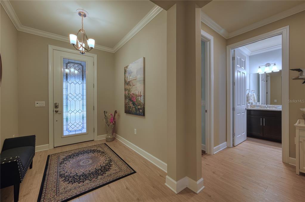 An entryway features a glass-paneled front door, a patterned rug, and a doorway to a bathroom — 16918 LOUDON PLACE, BRADENTON, FL