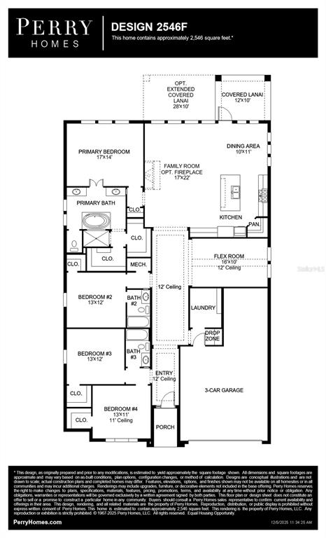 This floor plan shows a four-bedroom, three-bathroom home with a three-car garage and covered lanai — 7914 BON AIR WAY, PARRISH, FL