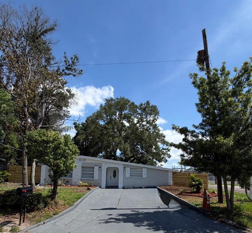 A single-story house with a gray exterior, a concrete driveway, and a wooden fence — 3001 E FERN STREET, TAMPA, FL