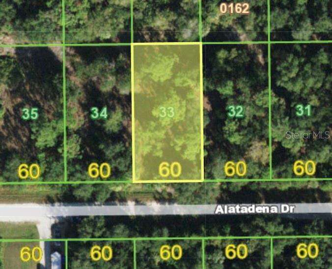 An aerial map view shows a highlighted rectangular plot of land along a paved road — 28202 ALATADENA DRIVE, PUNTA GORDA, FL