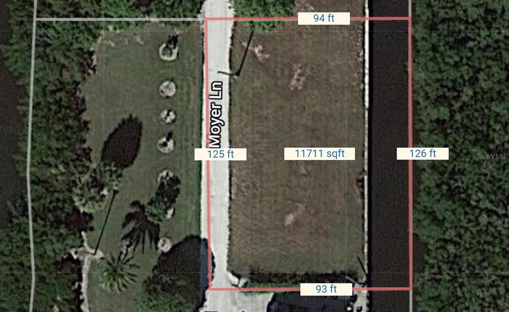 An aerial map shows a rectangular vacant lot with dimensions labeled in feet and square footage — 8153 MOYER LANE, BOKEELIA, FL
