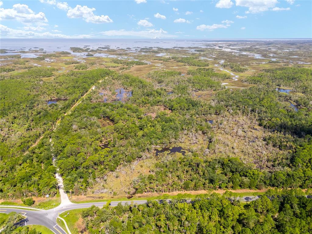 An aerial view shows a wooded lot with scattered ponds bordering a coastal marshland — 0 SE 193RD PLACE, YANKEETOWN, FL