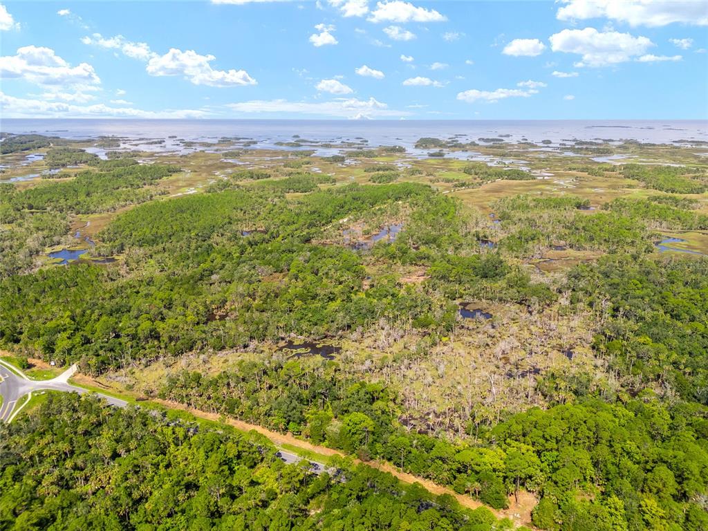 An aerial view shows a forested coastal landscape with marshland and a road in the foreground — 0 SE 193RD PLACE, YANKEETOWN, FL