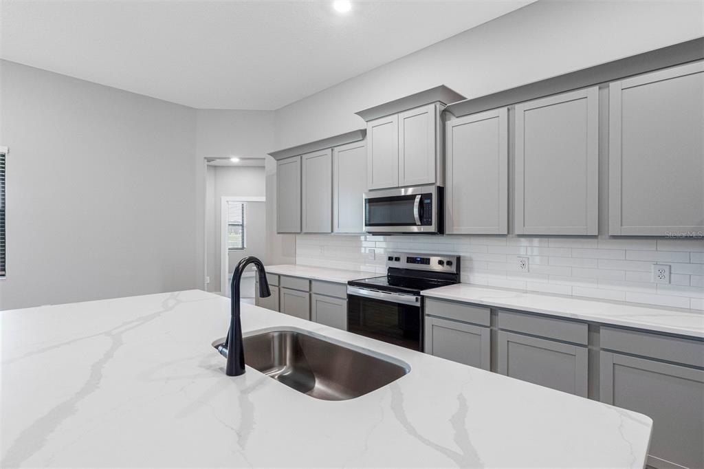 A modern kitchen features gray cabinets, white quartz countertops, and a stainless steel sink — 13439 WALDEN SHEFFIELD ROAD, DOVER, FL