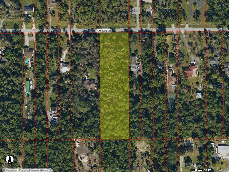 An aerial map shows a rectangular, wooded vacant lot highlighted in yellow along a road — 17TH ST SW, NAPLES, FL