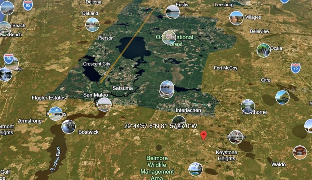 This is a map showing the location of a property near the Ocala National Forest — OLD BELLAMY TRAIL, MELROSE, FL
