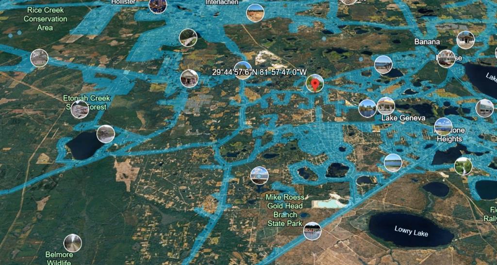 This is a satellite map showing a property location highlighted with a red pin — OLD BELLAMY TRAIL, MELROSE, FL