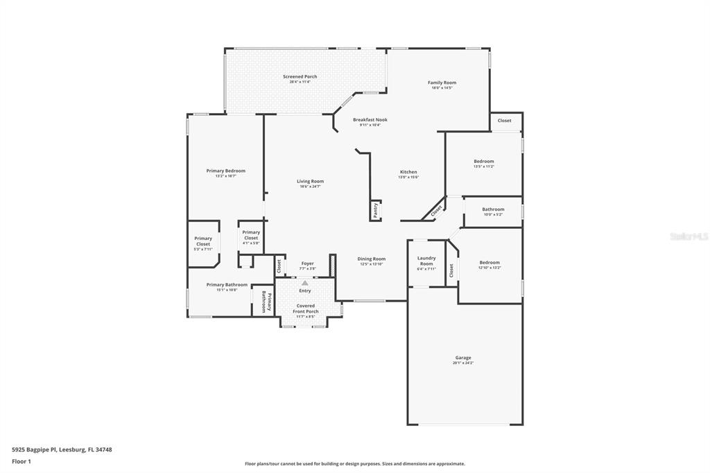 This is a floor plan for a single-story house with a garage and screened porch — 5925 BAG PIPE PLACE, LEESBURG, FL