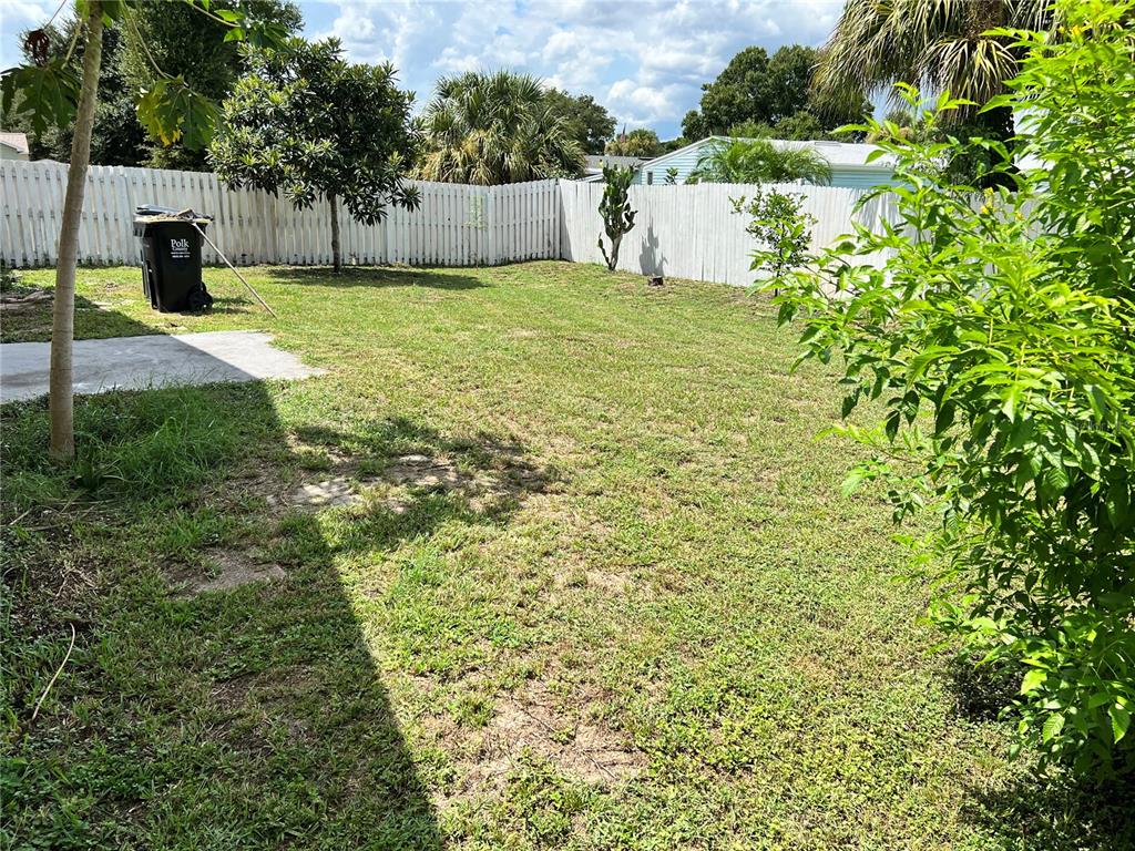 A grassy backyard features a white privacy fence, a trash bin, and several small trees — 123 OSPREY HEIGHTS DRIVE, WINTER HAVEN, FL