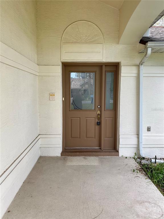 A brown front door with a glass panel sits under a decorative arched architectural detail — 8201 RHANBUOY ROAD, SPRING HILL, FL