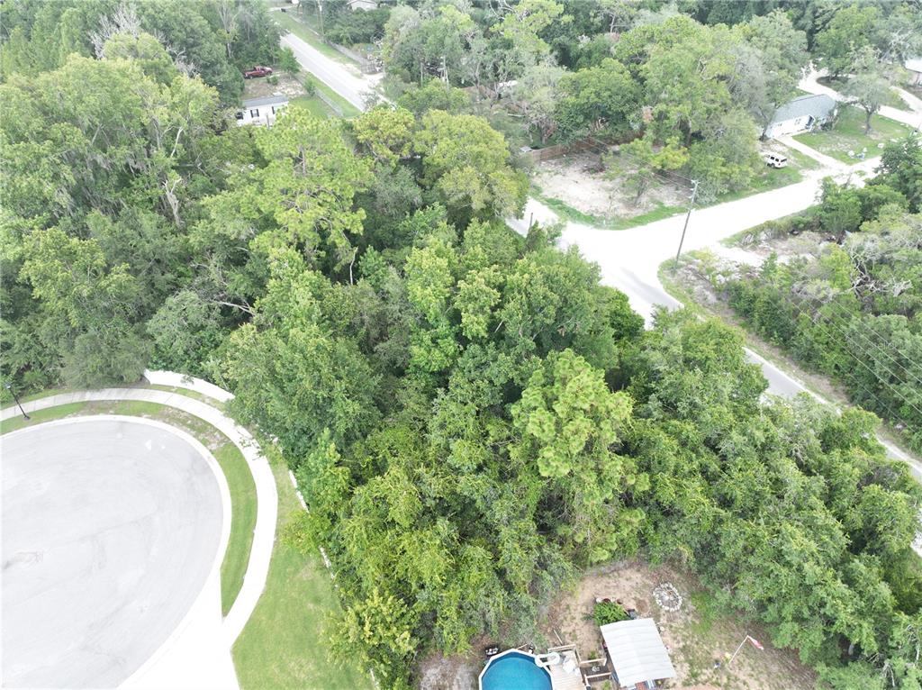 An aerial view shows a wooded residential lot situated between a cul-de-sac and a street — Lot 50, 51, 52 LAKE DR, NEW PORT RICHEY, FL