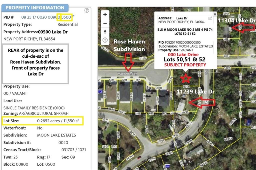 This is a map showing the location and dimensions of a vacant residential lot — Lot 50, 51, 52 LAKE DR, NEW PORT RICHEY, FL