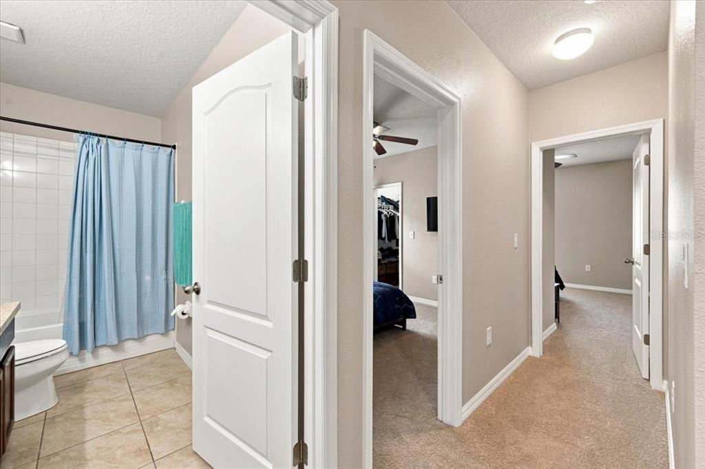 A hallway with beige carpet leads to a bathroom and two bedrooms with open doors — 609 LUCERNE BOULEVARD, WINTER HAVEN, FL